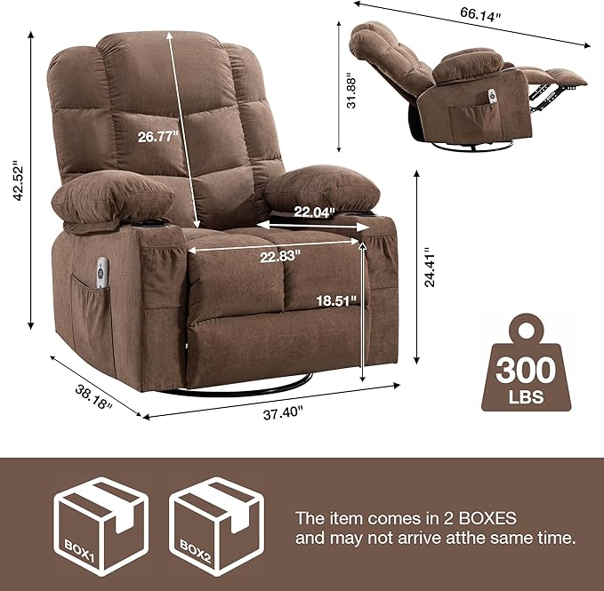 Massage Rocker Recliner Chair with Heat and Vibration Ergonomic Rocking Lounge Chair for Living Room Comfy with 2 Side Pockets 2 Cup Holders USB Charge Port (Brown)