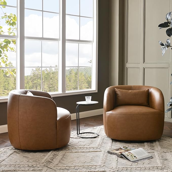 KINWELL Faux Leather Swivel Armchair Set of 2 No Assembly Upholstered PU Leather Swivel Accent Chairs with Toss Pillow for Living Room Office Lounge Camel