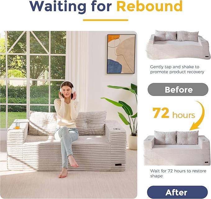 MAXYOYO 63 Boneless Loveseat Sofa Couch for Small Spaces Mini Love Seat Floor Couch with Cup Holders and Pillows 2-Seater Upholstered Cloud Couch for Bedroom Apartment No Assembly Required