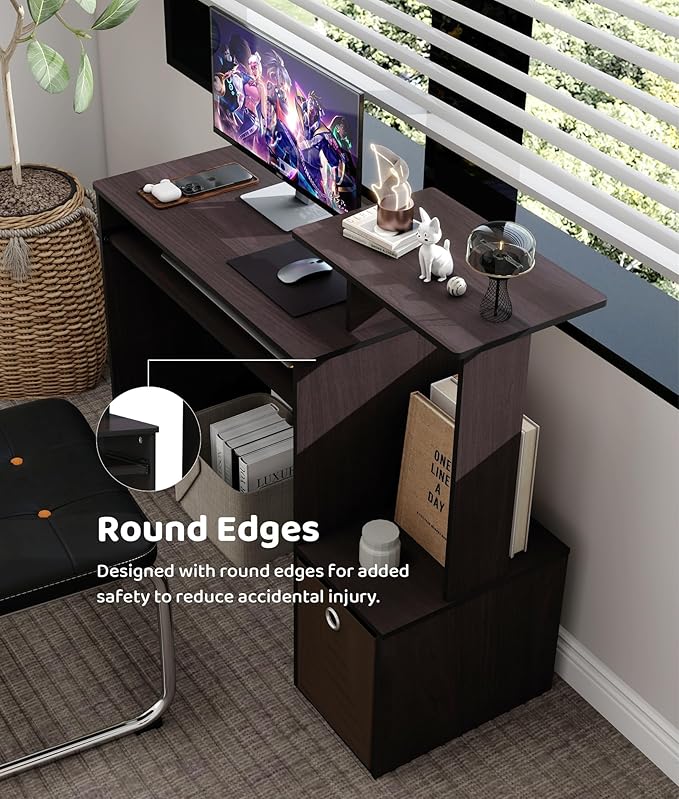 Small Computer Desk for Bedroom Home Office Desk with Drawers Storage Shelves for Living Room Study Bedroom Dark Walnut/Brown