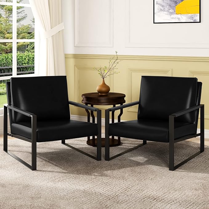 AWQM Leather Accent Chair Set of 2 Sofa Chair with Extra-Thick Padded Backrest and Seat Cushion Single Sofa for Living Room Bedroom Black Metal Frame 105 Degree Slant Back Black (ETSF-01BK-02)