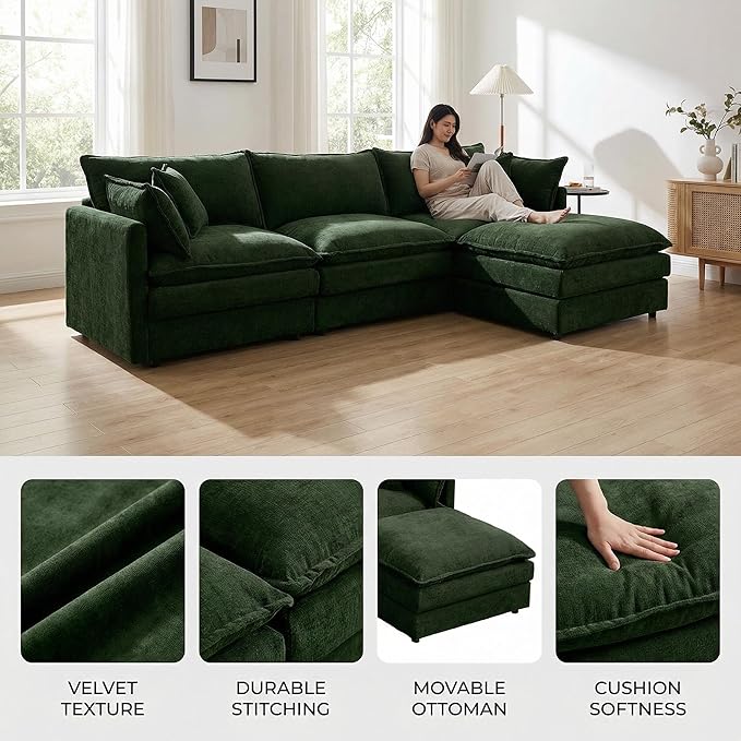 Homy Casa 102 Inch L Shaped Couch Set3-Seat Sectional Sofa with Chaise Comfortable Chenille Fabric Removable Cushions Ottoman DIY CombinationModern Design for Living/Family Room (Green)