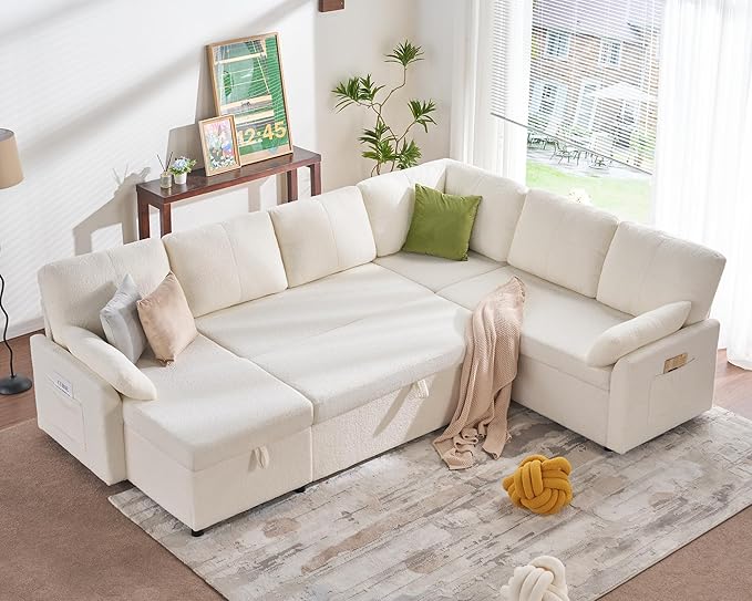 PaPaJet Sofa Bed 112 Inch Sleeper Sofa Oversized U Shaped Couch with Storage Chaise Pull Out Couch for Living Room White Boucle