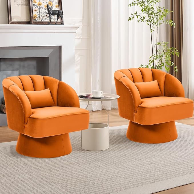 Garvee Ultra-Plush Swivel Accent Chair 360° Barrel Lounge Chair with Cloud-Like Padding &amp Modern Striped Backrest Velvet Upholstered Round Armchair for Living Bedroom Reading Nook - Orange - 1P