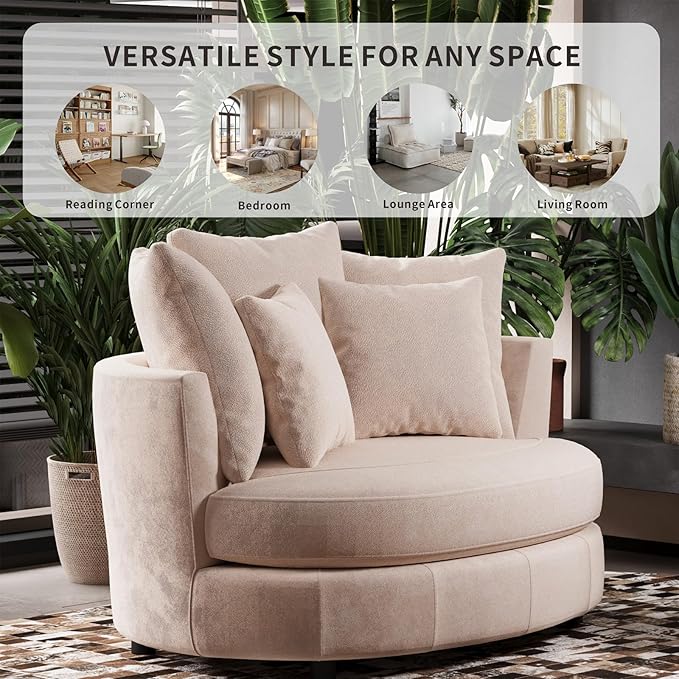 54.9''W Oversized Accent Barrel Chair Upholstered Chenille Comfy Couch Sofa with 5 Pillows for Bedroom Living Room Apartment Studio Wheat.