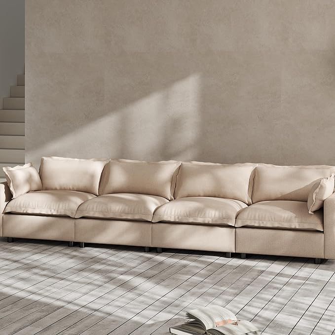 Modern Couch Modular Sectional Sofa 126 L-Shape Cloud Couch with Ottoman for Living Room Bedroom Reading Study Waitting Room Linen Fabric-Khaki