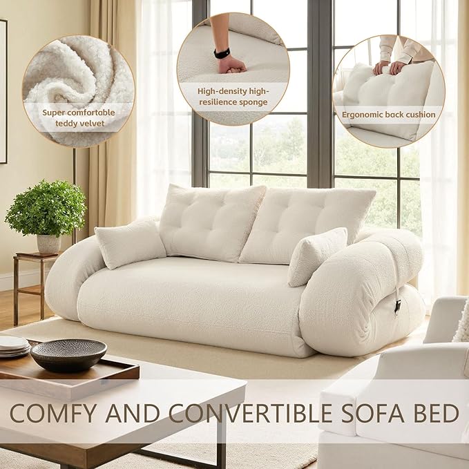 78.7 Folding Sofa Bed3-in-1 DIY Convertible Sleeper SofaTeddy Velvet Couch Bed with ArmrestFoldable Mattress with Back SupportQueen Size Floor Sofa Bed for Living Room Bedroom(Beige)