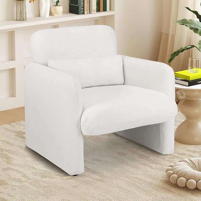 KOMFOTT Chenille Accent Chair Set of 2 Modern Upholstered Armchair with Removable Lumbar Pillow Widened Backrest &amp Thick Seat Cushion Comfy Single Sofa Chair for Living Room Bedroom White