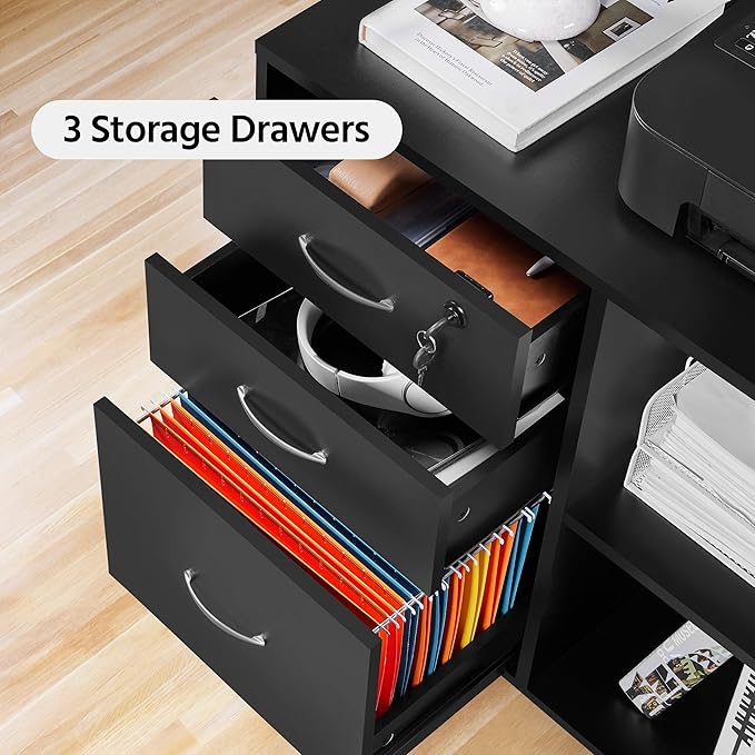 Topeakmart Black File Cabinet with Lock for Letter A4 Size 3 Drawer Lateral Filing Cabinet Printer Stand with Open Storage Compartments for Home Office Black
