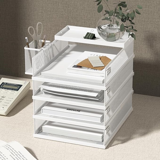 Stackable Letter Trays 4 Tier Metal Paper Tray &amp Desk Organizer Stackable File Trays for Office &amp Home Multi-Functional Document Tray with Fine Grid Design &amp Magnetic LabelsWhite