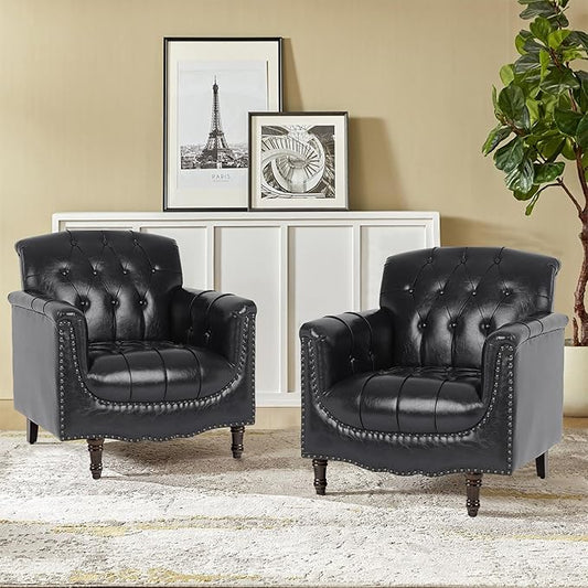 Pia Ricco Faux Leather Armchair Set of 2 Modern Accent Chairs with Nailhead Trim and Solid Wood Legs Upholstered Comfort for Living Room Office Bedroom - Bule Black