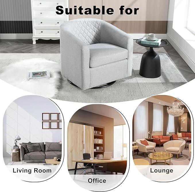 Swivel Gilder Chair Modern Round Armchair 360° Swivel Linen Barrel Chair Club Chair for Living Room Bedroom Office (Grey)
