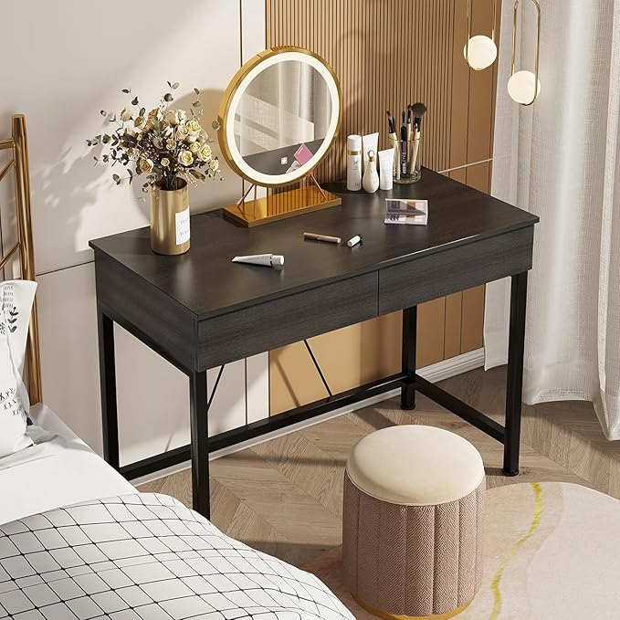 CAIYUN Small Computer Desk with Drawers 39.4 Inch Home Office Desks with Storage Simple Modern Kids Desk Vanity Desk for Bedroom Work Study Writing Desk Table for Small Spaces (Black Wooden)