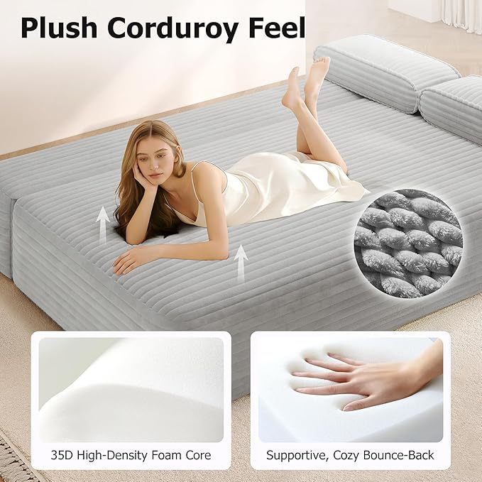 Convertible Sofa Bed 78.7 Frameless Floor Sofa-in-a-Box Corduroy Boneless Couch for Small Space Apartments Queen Sleeper Sofa for Everyday Use 3 Pillows Included No Assembly (Light Grey)