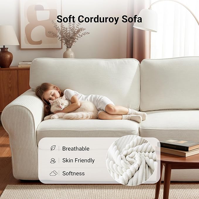 83 Corduroy Loveseat Sofa for Living Room Boneless Sofa with Wide Rounded Armrest Deep Cushioned Couch with Lock-Stitched Edges Skin-Friendly Cloud Couch White