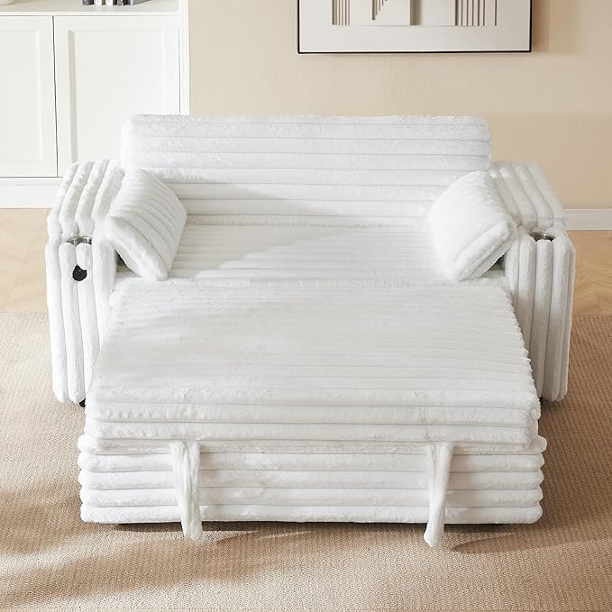 68 Corduroy Convertible Sofa Bed with USB Storage Armrests &amp Pillows – 3-in-1 Foldable Sleeper Chair Floor Couch for Living Room Bedroom Guest Room (ZY-1109-White)
