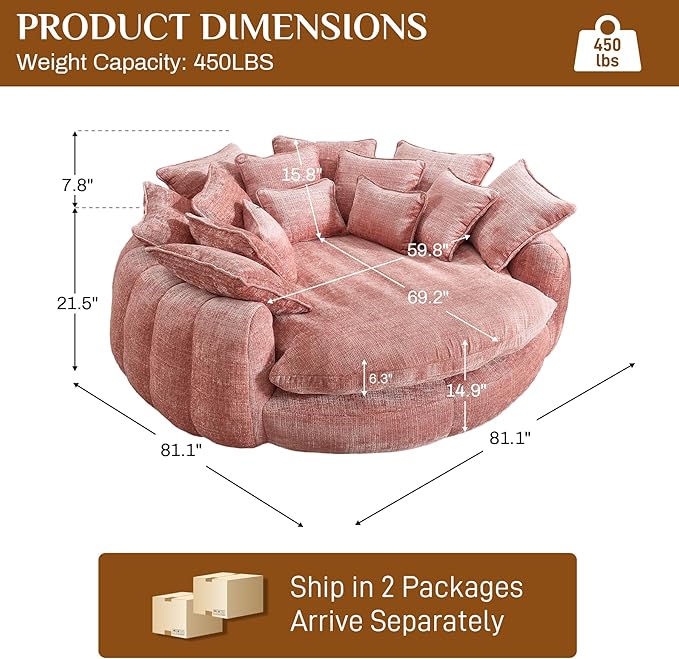 81 Round Sofa Bed Big Bean Bag Round Chaise Lounge Oversized Round Couch Boneless Reading Chair Plush Fluffy Chenille Large Chaise Chair for Living Room Bedroom Apartment Pink