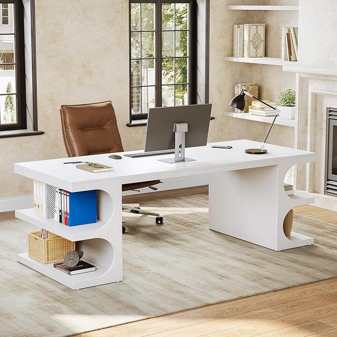 LITTLE TREE 62.2-Inch Executive Desk Modern Home Office Desks Office Table with Storage Shelves for Workspace Large Computer Desk Long Contemporary Writing Desk White