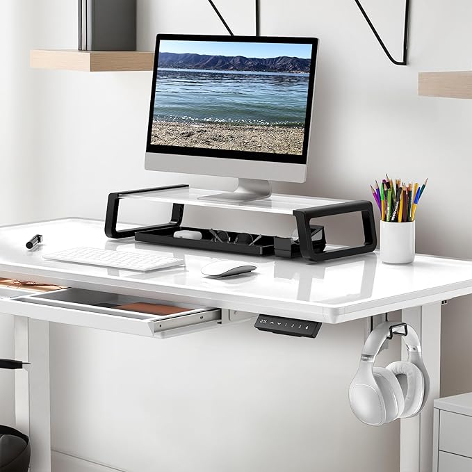 SHW 48x24 Glass Electric Height Adjustable Standing Desk – Motorized Sit Stand Desk with Monitor Riser Pull-Out Drawer Memory Presets White