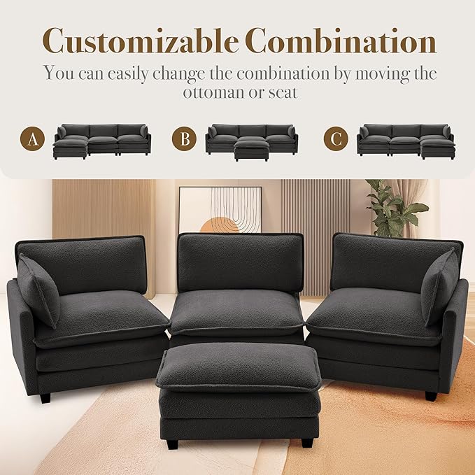 ROWHY 112'' Modular Sectional Cloud Couch with Movable Ottoman 4 Seat Modern Chenille Sofa with 2 Throw Pillows Deep Seat L Shaped Couch for Living Room Bedroom Apartment Dark Grey | Arrange Freedo