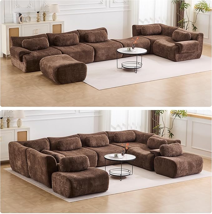 148.2 Boneless Couches for Living Room Set Cloud Modular Sectional Sofa in a Box Memory Foam Modern Couch Big Comfy Compressed Sofas U Shaped Couch with Ottoman Bedroom Apartment Chocolate