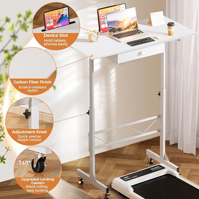 GTPLAYER Small Mobile Standing Desk 32In Wide Adjustable Height Stand Up Desk for Home Office Portable Sit Stand Rolling Computer Desk with Wheels Storage Drawer and Slot Carbon Fiber Style White