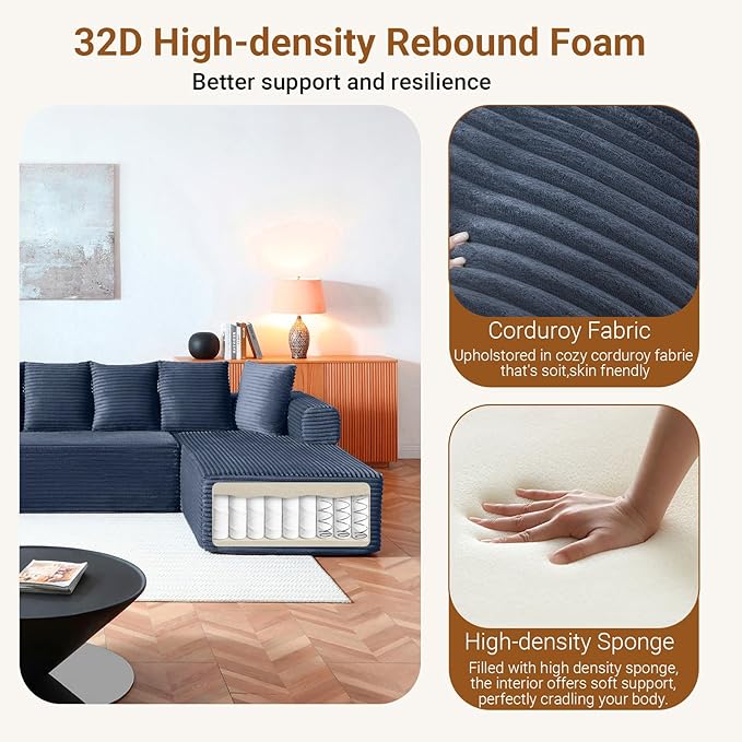 145 Modular Sectional Sofa Oversized U-Shaped Deep Seat Corduroy Cloud Couch with Fixed-Shape Frame Sleeper Sofa Couch Boneless Couches for Living Room No Assembly RequiredSofa in A BoxBlue