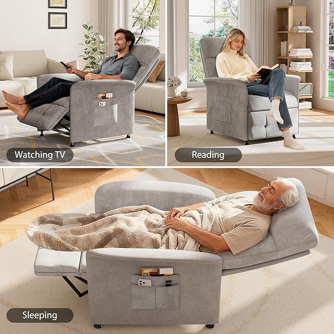 Electric Power Recliner Chair with Heat &amp Vibration Massage Overstuffed Fabric Sofa with Remote Control for Living Room Bedroom Easy Assembly Light Grey