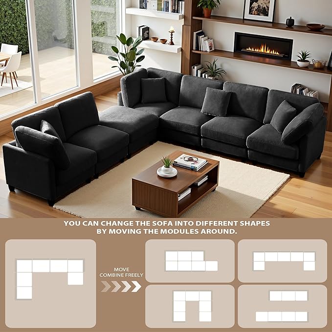 117 Modular Sectional Sofa with Movable ChaiseModern Chenille Cloud Sectional Couch with Deep SeatU Shaped Compressed Boneless Sofa for Living RoomNo Assembly Required (Black)