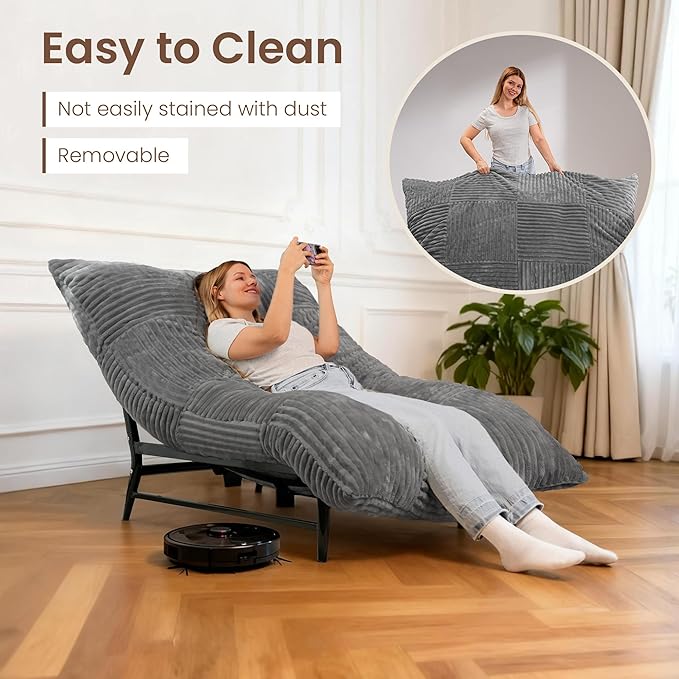 Modern Accent Chair Giant Bean Bag Lounge Chairs with Sturdy Metal Frame &amp Washable Cover Comfy Upholstered Chair for Reading Room Bedroom Grey