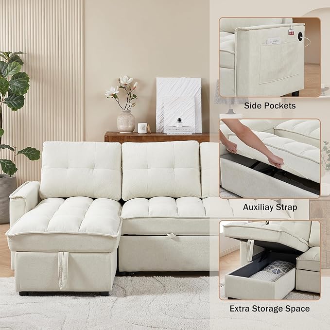 78.75 Sleeper Sofa CouchModern L-Shaped Couches Pull Out Couch with USB Ports&ampSide PocketSleeper Sectional Sofa for Living Room ApartmentChenille(Beige)