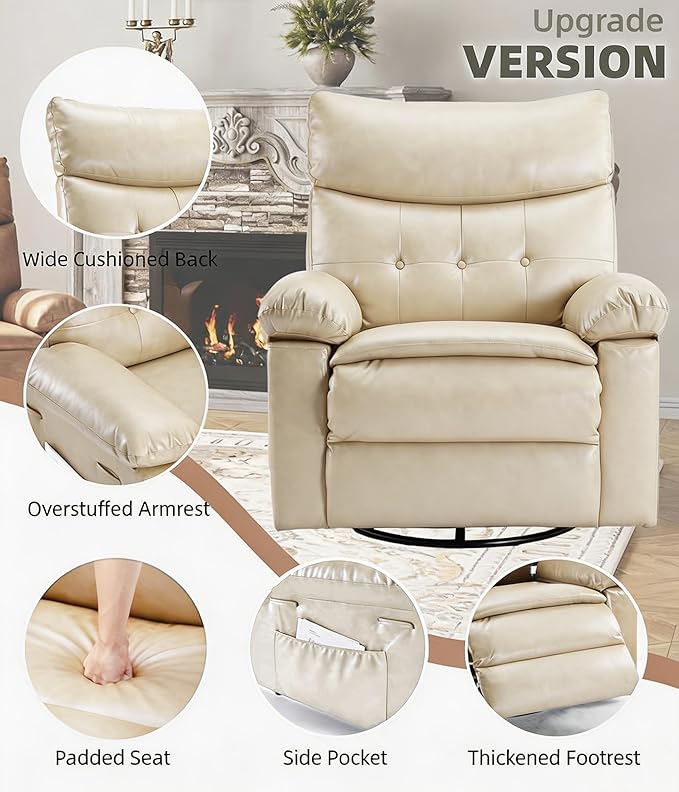 GarveeHome Oversized Leather Recliner Chair Swivel Rocker Manual Recliner for Adults Lazy Rocking Chair with Comfort Arms and Back Single Sofa for Living Room