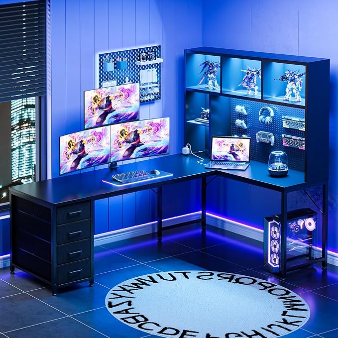 AODK 71 L Shaped Gaming Desk with Hutch Pegboard &amp Shelves L Shaped Desk with 4 Drawers Integrated LED Light Strip &amp Power Outlets Reversible PC Gaming Computer Desk Black