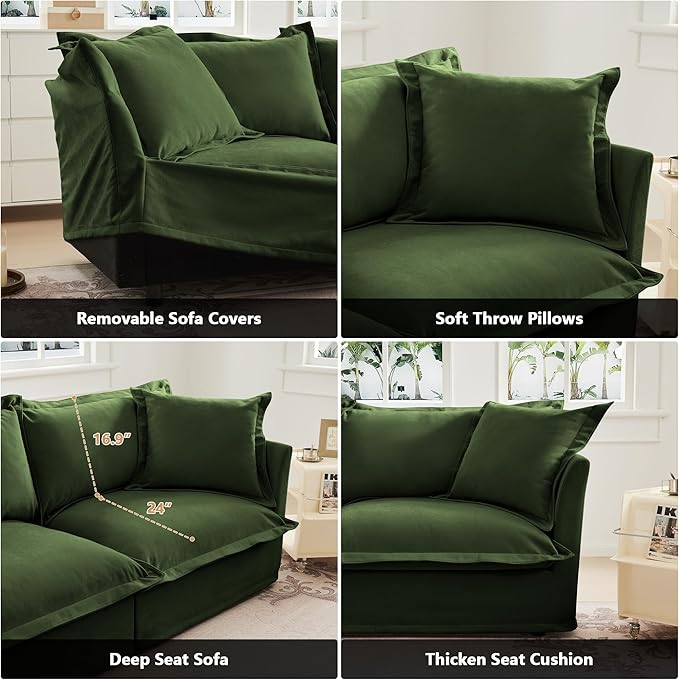 Modern Single Sofa Chair with Ottoman 49 Slipcovered Armchair Oversized Upholstered Accent Chair Comfy Cloud Deep Seat Sofa with 2 Throw Pillows for Living Room Apartment Chenille Green