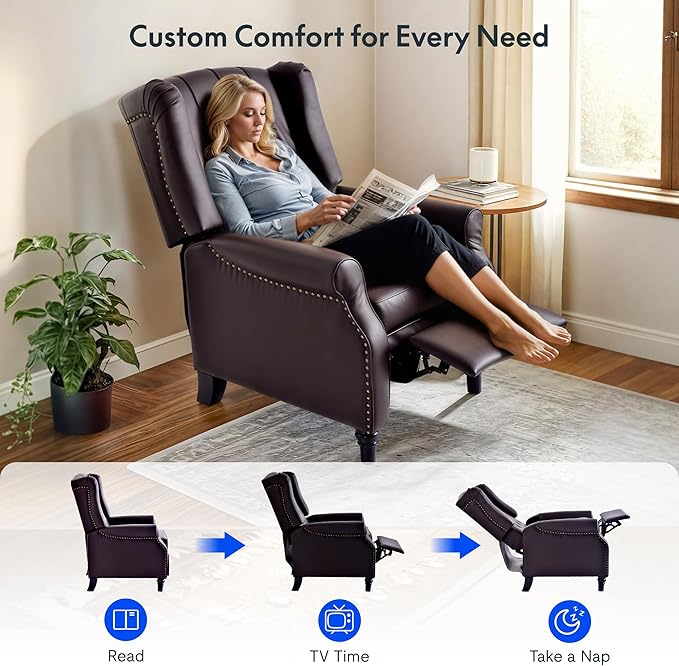 FLEXISPOT XC5 Pushback Recliner Chair for Adults Mid Century Wingback Accent Chair with Rivet Decoration Tufted Upholstered Single Sofa Armchair for Living Room Bedroom Study (Fabric White)