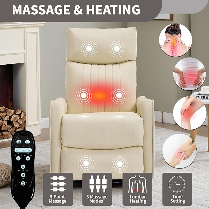 High Back Massage Recliner with Heat - Swivel Rocking Chair for Small Spaces Manual Lazy Boy Recliner for Adults Perfect for Living Room &amp Bedroom Soft Fabric (Beige FL)