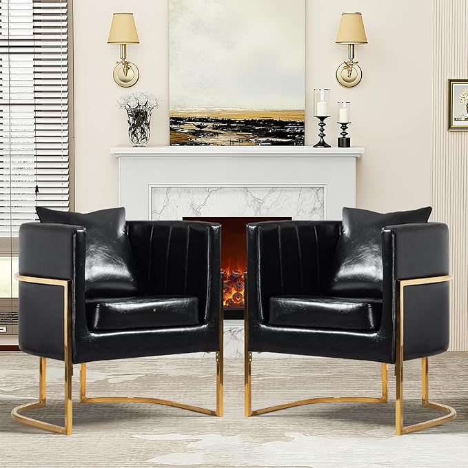 Modern Leather Accent Chairs Set of 2 Mid Century Upholstered Barrel Armchair with Pillow for Living Room Comfy Single Vanity Chair with Metal Gold Legs for Bedroom Black