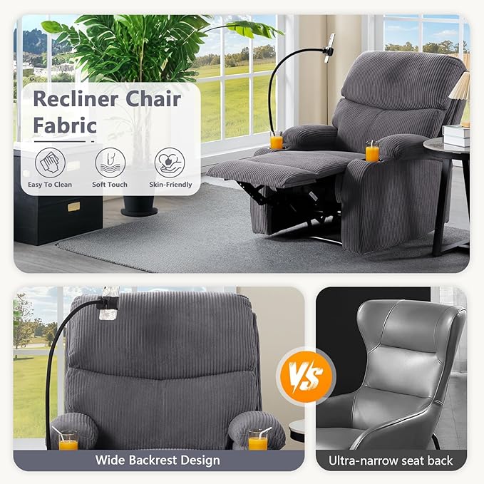 Manual Recliner ChairModern Corduroy Reclining Chairs with Phone Stand &amp Cup HoldersOverstuffed Single Sofa Recliner for AdultsLiving Room Bedroom Home Theater (Grey)