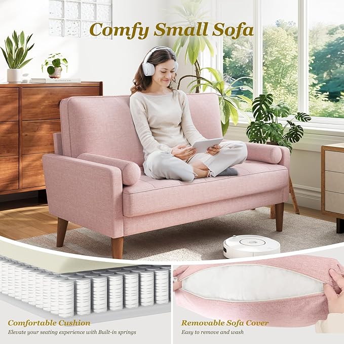 Vesgantti Loveseat Sofa with Solid Wood Legs 48 Small Couches for Small Spaces Love Seat for Living Room Bedroom Easy Assembly Mid Century Modern Couch with Throw Pillow for Apartment Pink
