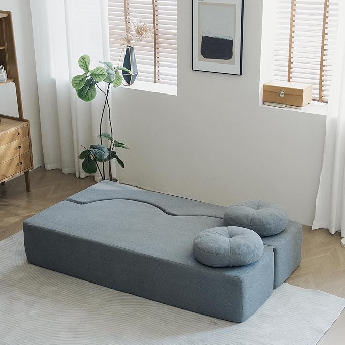 2-in-1 Convertible Folding Sofa Bed Sleeper Sofa with Pillow Teddy Fabric High-Density Foam Floor Mattress Sleeper for Living Room Guest Use Office Apartment No Assembly Required (Grey)