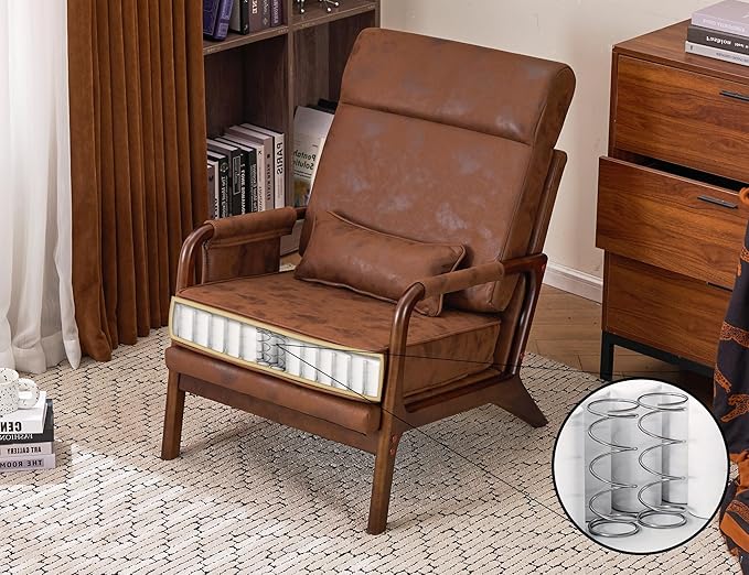 Mid Century Modern Accent Chair with High BackUpholstered Armchair with Solid Wood Frame &amp Soft Cushion for Living RoomBedroomBelconySunroomBrown
