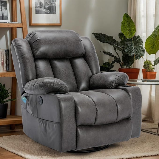 VIVIJASON Manual Swivel Rocking Glider Recliner Chair with Heat &amp Vibration Massage 360° Swivel Overstuffed Reclining Chair with 2 Cup Holders Side Pockets &amp USB Ports for Living Room Gray