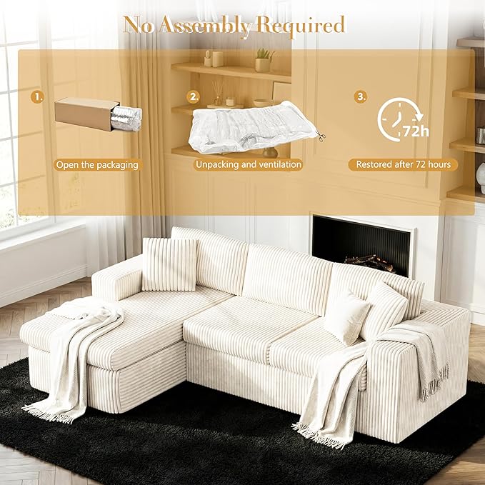Shintenchi 105 Modular Sectional Sofa Boneless L Shaped Couch with Deep Seat Cloud Foam Couch with Oversized Chaise Plush Corduroy Sofa No Assembly Needed for Living Room Beige