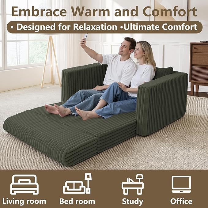 HABUTWAY Folding Sofa Bed 2 in 1 Convertible Sleeper Chair with Pillow Portable Fold Out Chair Bed with Armrest Comfy Floor Couch Lazy Sofa for Living Room Bedroom Dorm Home Office Green