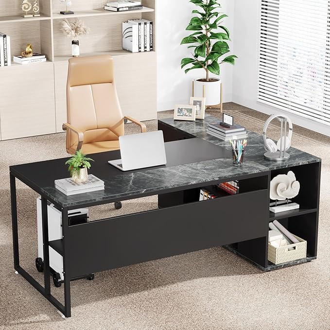 Little Tree 71-inch Executive Desk with File Cabinet L-Shaped Computer Desk Office Desk with Drawers and Storage Shelves Business Furniture Desk Workstation for Home Office Balck
