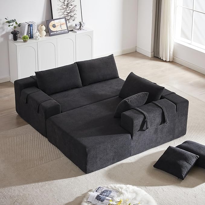 KEIKI 108 L Shaped Chenille Modular Sectional Couches Sofa with 6 Pillows 4 Seater Oversized Upholstered Cloud Couch for Living Room Apartment Full Sponge Compression Black Left Chaise