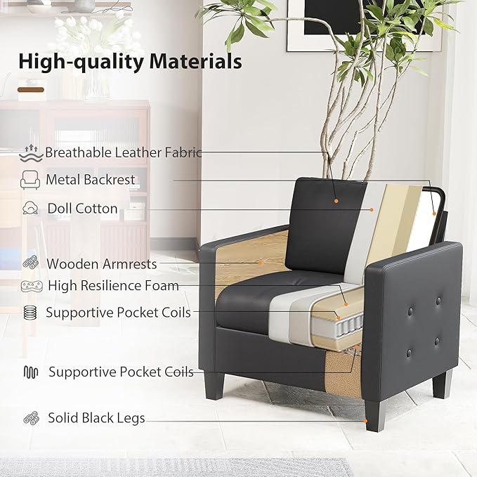 STHOUYN Accent Chair Black Leather Chair Mid-Century Modern Living Room Chairs Cozy Office Reading Chair with Tufted Seat and Armrest Reception Armchairs for Bedroom Waiting Room