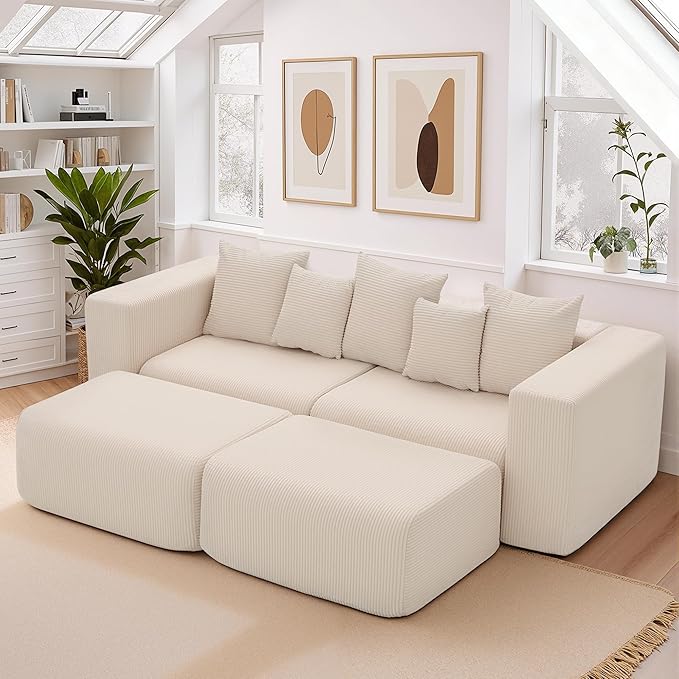117” Boneless Cloud CouchSectional Modern 4 Seater L-Shaped Sleeper Sofa CouchesNo Assembly Modular Corduroy Convertible Sponge Compression Sofas with Chaise and Ottoman for Living Room(Beige)