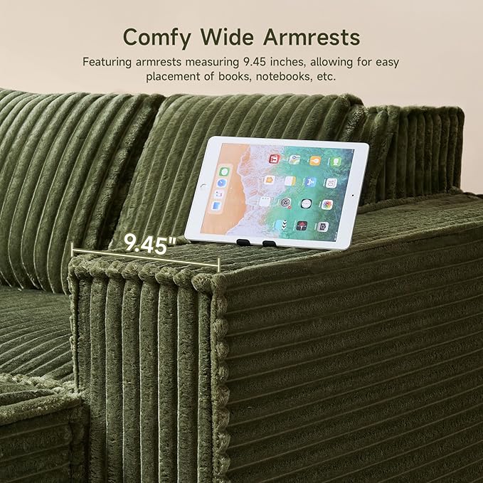 ONBRILL 112.6 Modular Sectional Sofa Comfy Corduroy Boneless Couch with Ottoman Memory Foam Modern Minimalist Cloud L Shaped Couch for Living Room No Assembly Required Green