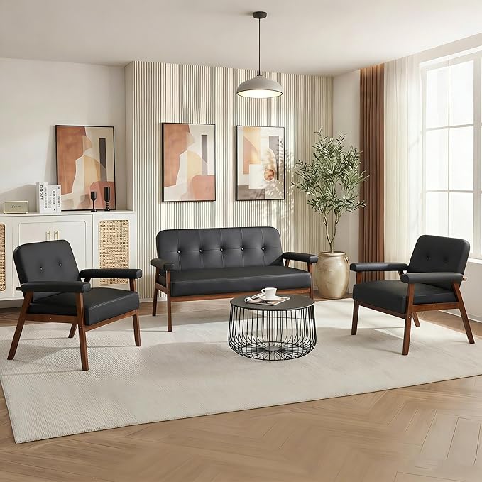 STHOUYN 50”W Black Faux Leather Small Office Couch Loveseat Sofa with Wood Arms Mid Century Modern Love Seat Sofas Lounge Armchair Living Room Bedroom (Black (loveseat))